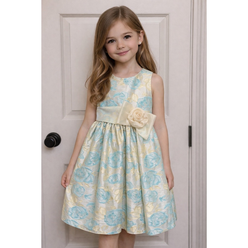 Crayon Kids Girls Blue Gold Floral Jacquard Dress Wedding Party Spring 9/10